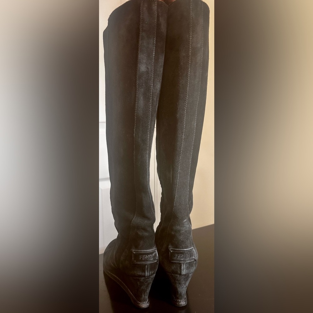 *SOLD*Authentic Fendi Black Suede Cathy Tall Wedge Boots - Picture 5 of 15